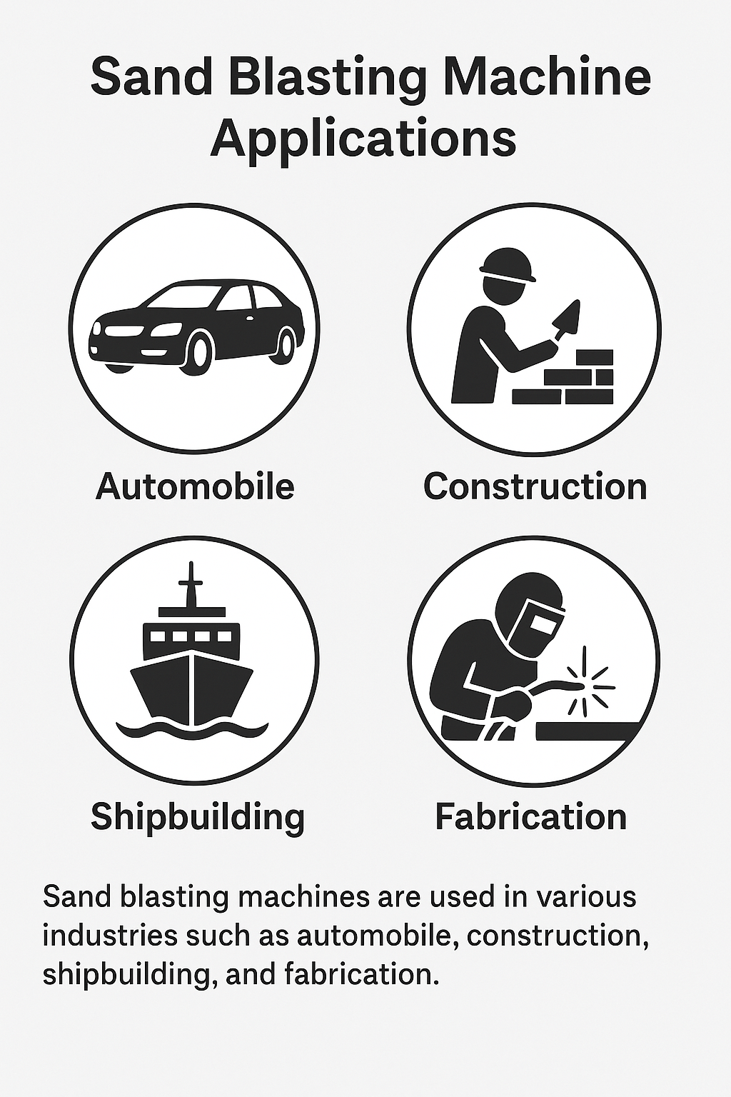 Infographic showing sand blasting applications: automotive, construction, shipbuilding, fabrication