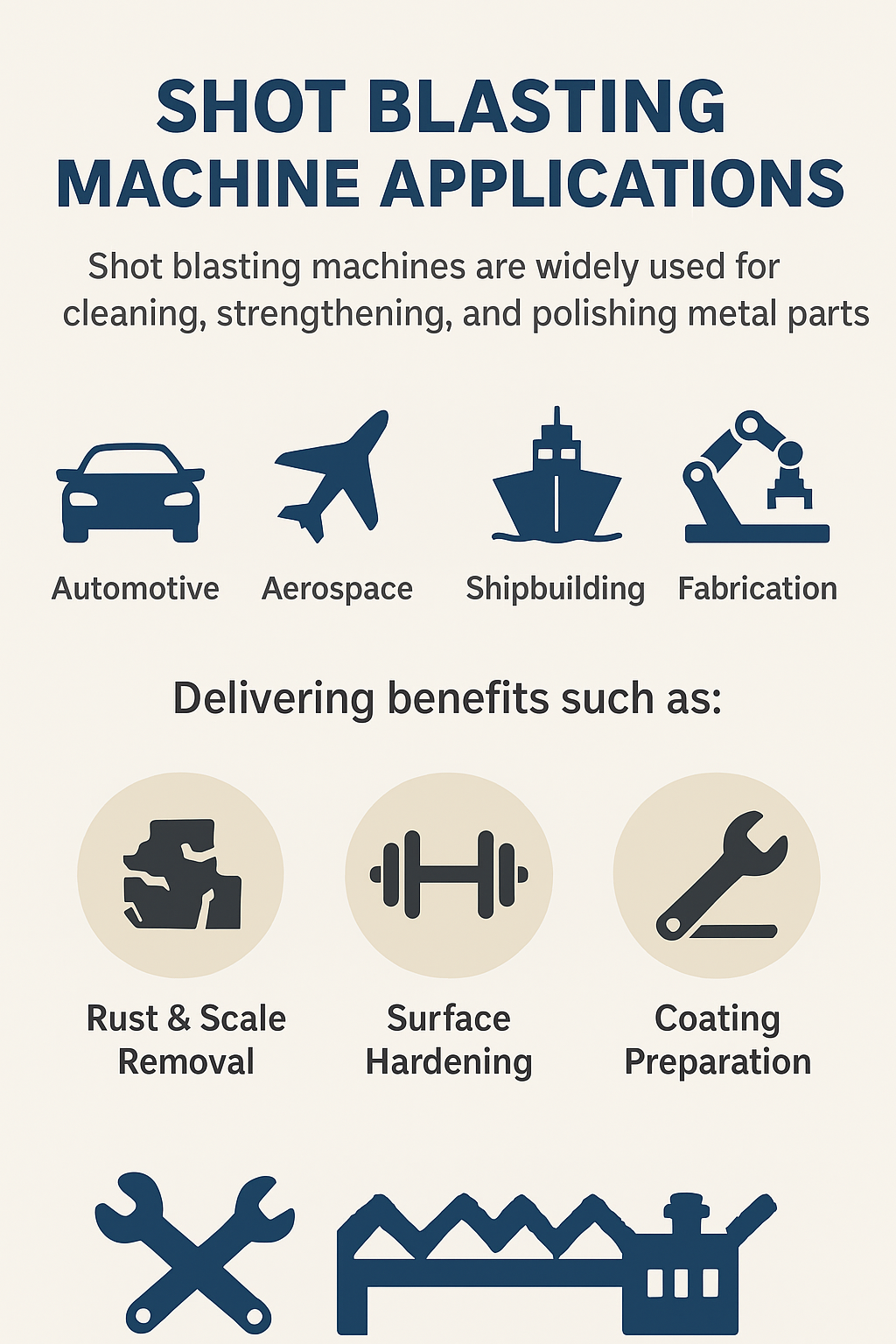 Infographic showing shot blasting applications: automotive, aerospace, shipbuilding, fabrication
