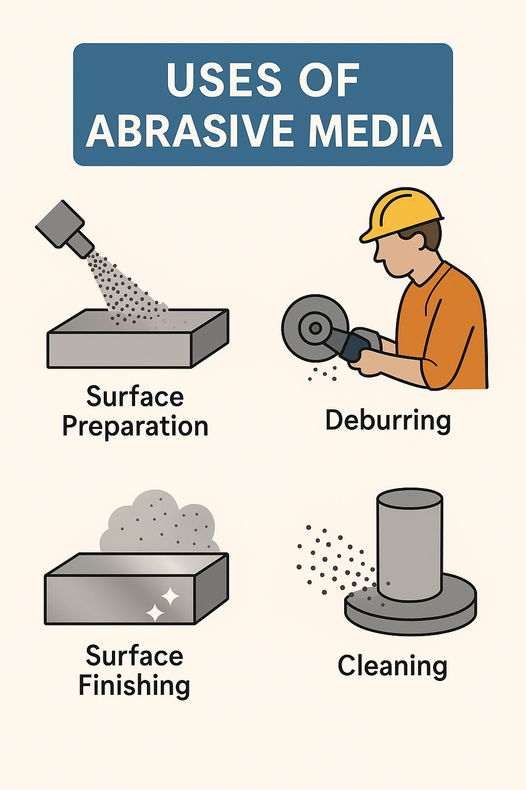 Infographic showing abrasive media applications across key industries